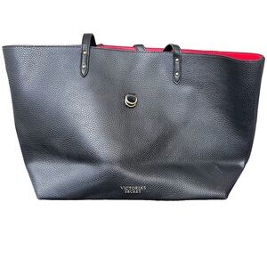 Victorias Secret Black Leather Tote Bag Red Leather Inside